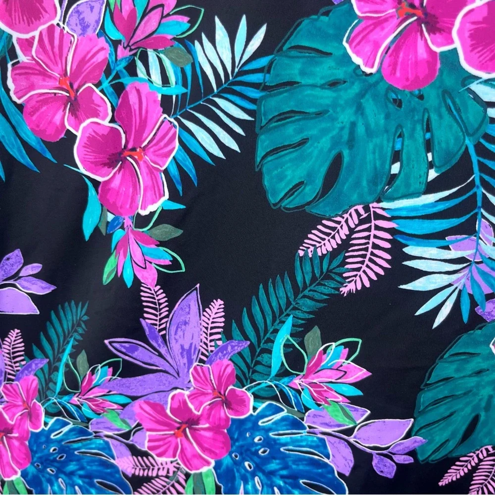 Tropical Floral Mesh-Trim Swim Coverup in Black & Pink